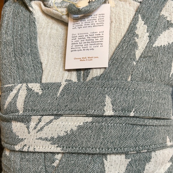 Women's Blue + White Leaf Patterned Robe One Size New 100% Organic Cotton NEW - Picture 9 of 12